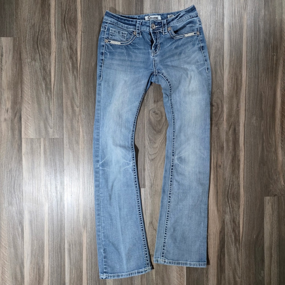 Charme Womens Size 27 Bootcut Jeans Light Wash Embroidered Contrast Stitch Denim